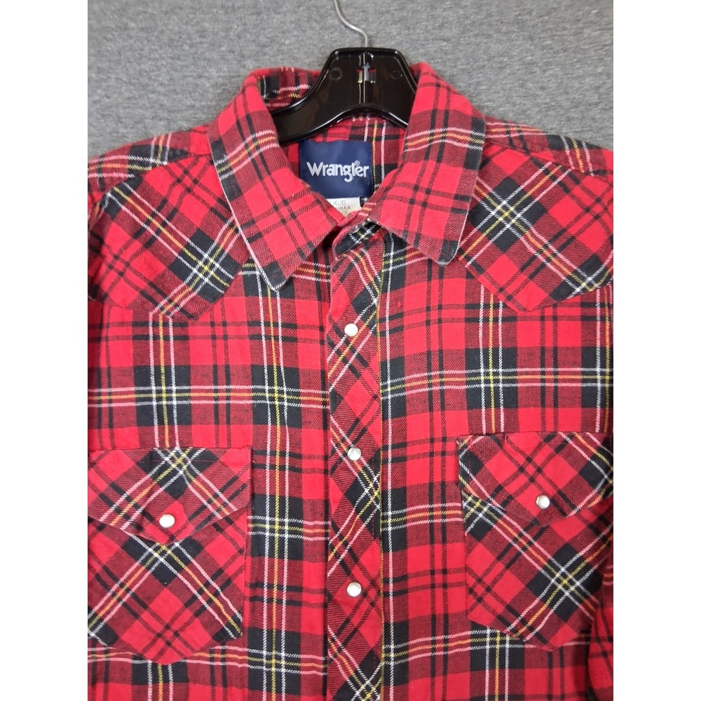 Wrangler Mens Shirt L Red Plaid Flannel Pearl Snap Western Rodeo Ranch Cowboy